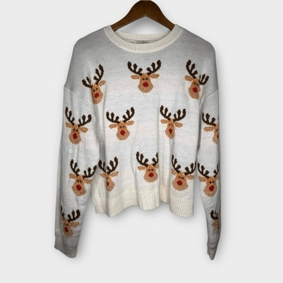 POOF Fuzzy Rudolph Reindeer Christmas Sweater Eyelash Cheerful Festive Sz Large - Picture 1 of 6